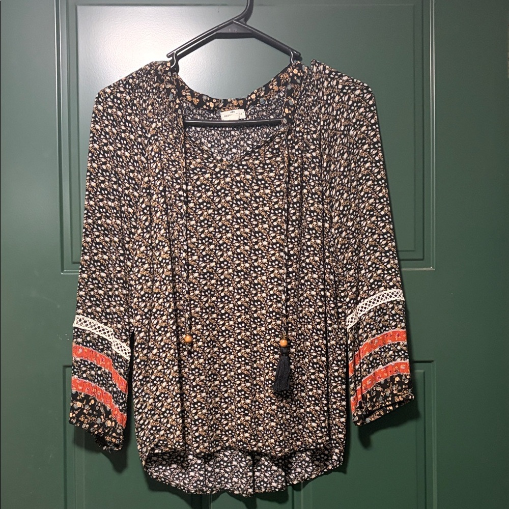 Black Floral Tassel Boho Blouse with Orange Stripe Sleeves